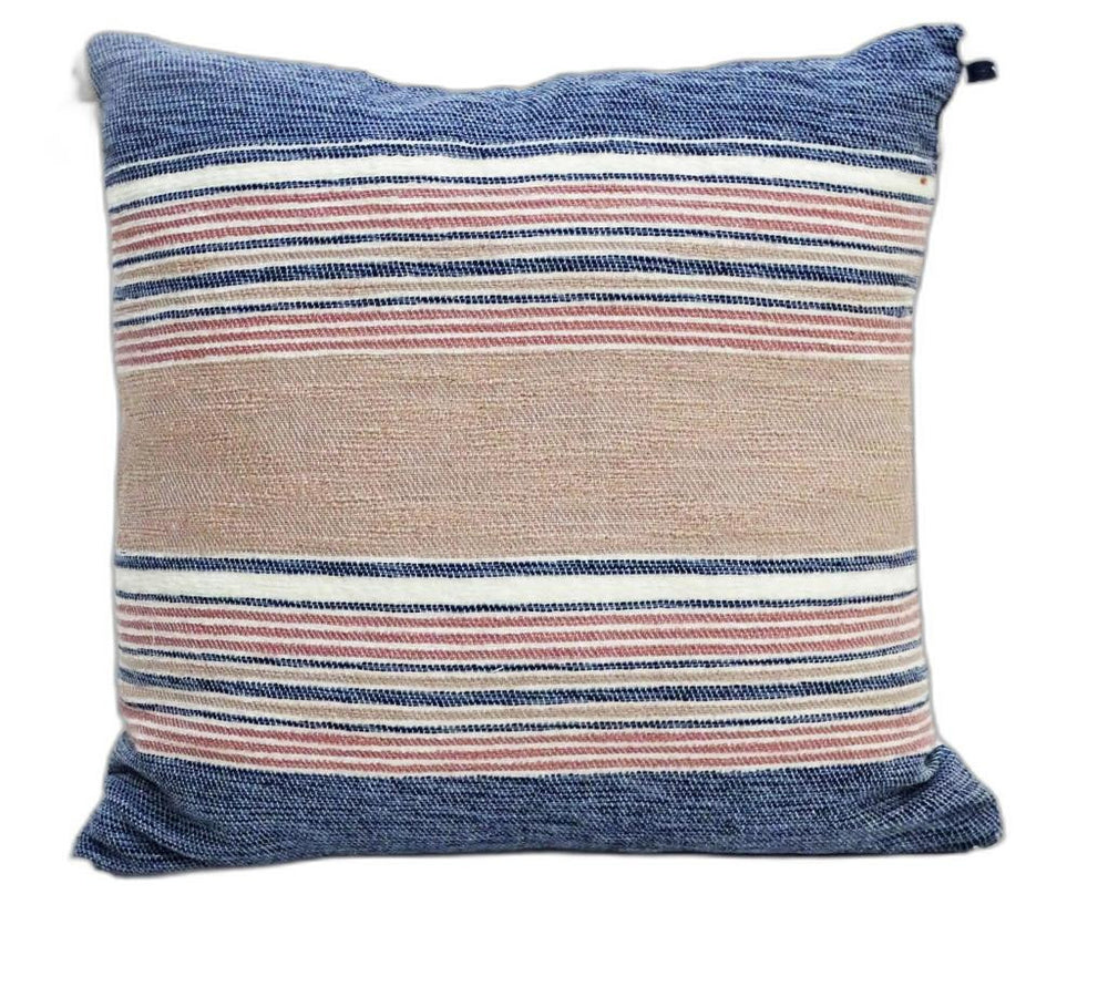 Homeroots 22" X 22" Blue And Tan Striped Handmade Throw Pillow With Tassels   482226