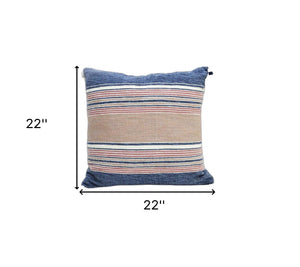 Homeroots 22" X 22" Blue And Tan Striped Handmade Throw Pillow With Tassels   482226