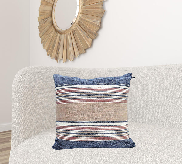 Homeroots 22" X 22" Blue And Tan Striped Handmade Throw Pillow With Tassels   482226