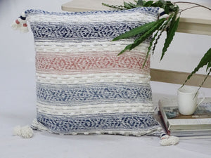 Homeroots 22" X 22" Blue And Peach Southwestern Stripe Handmade Throw Pillow With Tassels   482227