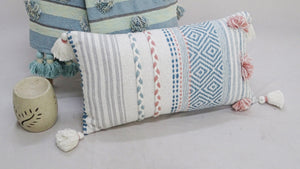 Homeroots 14" X 24" Blue And Pink Ribbed Zippered Handmade Cotton Blend Throw Pillow With Tassels   482228