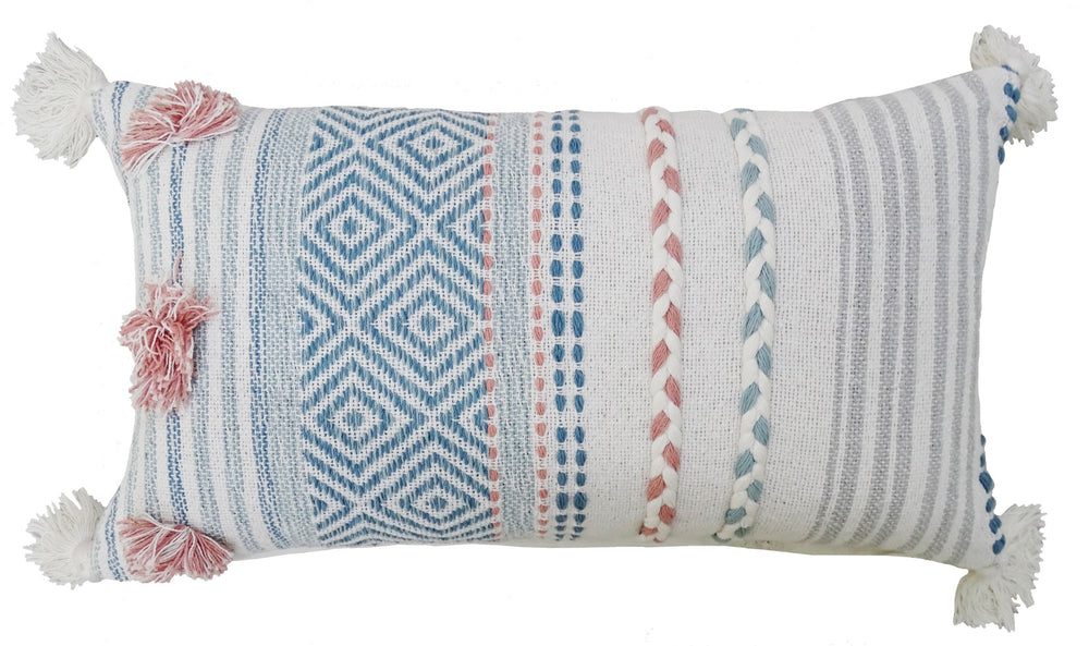 Homeroots 14" X 24" Blue And Pink Ribbed Zippered Handmade Cotton Blend Throw Pillow With Tassels   482228