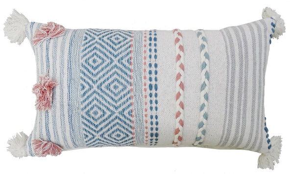 Homeroots 14" X 24" Blue And Pink Ribbed Zippered Handmade Cotton Blend Throw Pillow With Tassels   482228