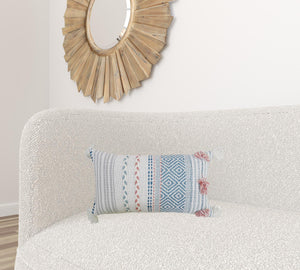 Homeroots 14" X 24" Blue And Pink Ribbed Zippered Handmade Cotton Blend Throw Pillow With Tassels   482228