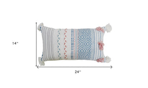 Homeroots 14" X 24" Blue And Pink Ribbed Zippered Handmade Cotton Blend Throw Pillow With Tassels   482228