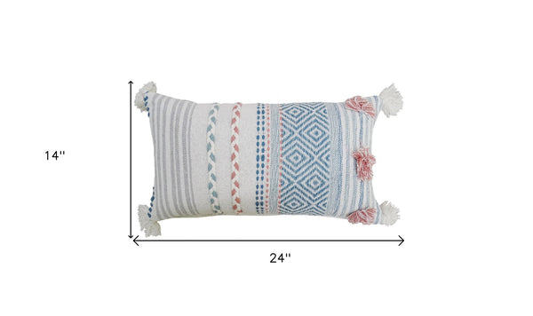 Homeroots 14" X 24" Blue And Pink Ribbed Zippered Handmade Cotton Blend Throw Pillow With Tassels   482228