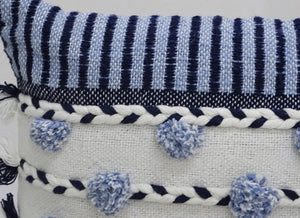 Homeroots 14" X 20" Navy Blue And White Ribbed Zippered Handmade Cotton Blend Throw Pillow With Tassels   482229