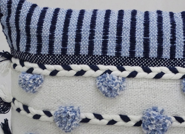 Homeroots 14" X 20" Navy Blue And White Ribbed Zippered Handmade Cotton Blend Throw Pillow With Tassels   482229