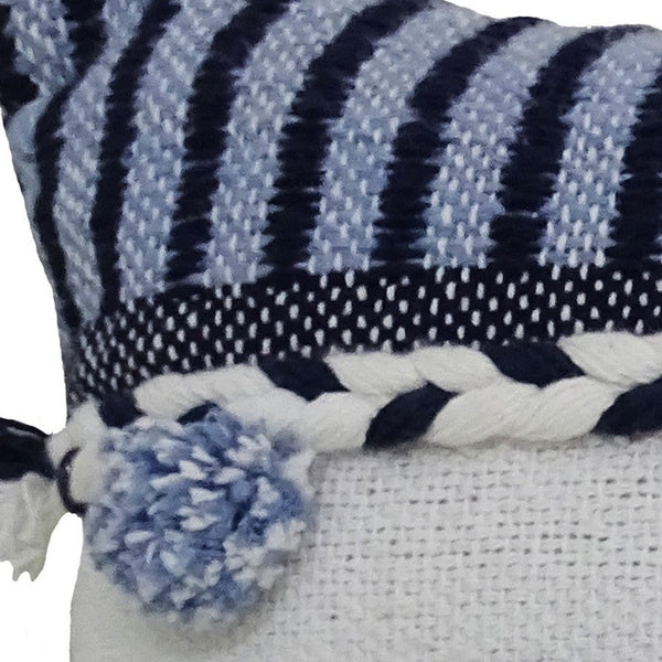 Homeroots 14" X 20" Navy Blue And White Ribbed Zippered Handmade Cotton Blend Throw Pillow With Tassels   482229