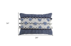 Homeroots 14" X 20" Navy Blue And White Ribbed Zippered Handmade Cotton Blend Throw Pillow With Tassels   482229