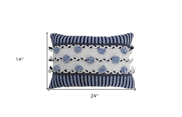 Homeroots 14" X 20" Navy Blue And White Ribbed Zippered Handmade Cotton Blend Throw Pillow With Tassels   482229