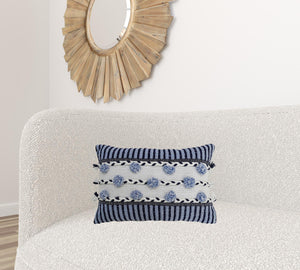 Homeroots 14" X 20" Navy Blue And White Ribbed Zippered Handmade Cotton Blend Throw Pillow With Tassels   482229