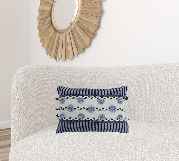 Homeroots 14" X 20" Navy Blue And White Ribbed Zippered Handmade Cotton Blend Throw Pillow With Tassels   482229