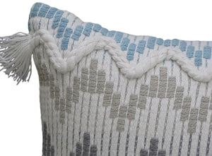 Homeroots 14" X 24" White Gray And Blue Chevron Cotton Lumbar Throw Pillow With Tassels And Texture   482230