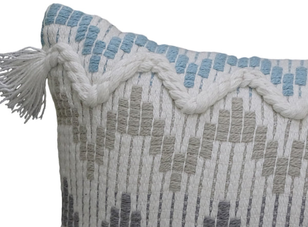 Homeroots 14" X 24" White Gray And Blue Chevron Cotton Lumbar Throw Pillow With Tassels And Texture   482230