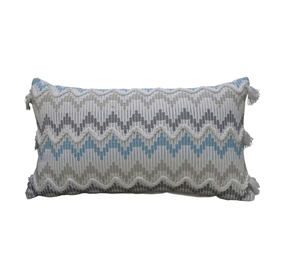 Homeroots 14" X 24" White Gray And Blue Chevron Cotton Lumbar Throw Pillow With Tassels And Texture   482230