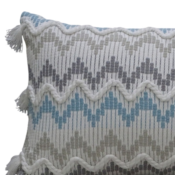 Homeroots 14" X 24" White Gray And Blue Chevron Cotton Lumbar Throw Pillow With Tassels And Texture   482230