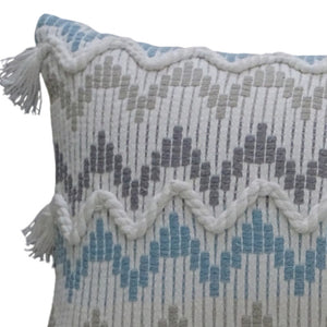 Homeroots 14" X 24" White Gray And Blue Chevron Cotton Lumbar Throw Pillow With Tassels And Texture   482230