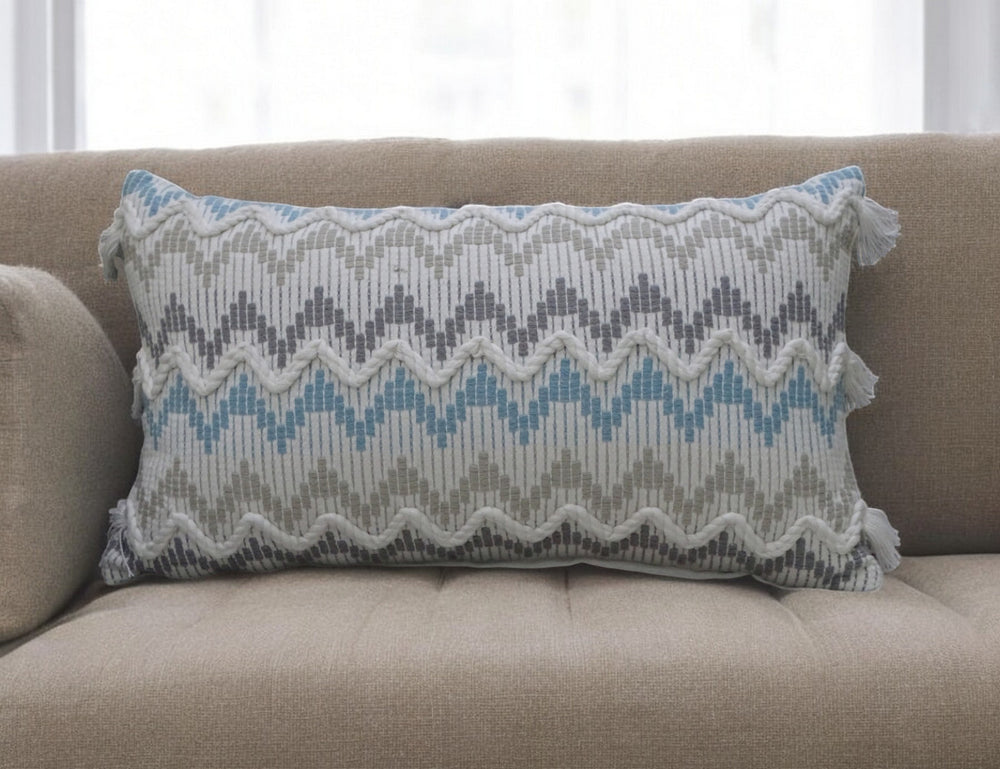 Homeroots 14" X 24" White Gray And Blue Chevron Cotton Lumbar Throw Pillow With Tassels And Texture   482230