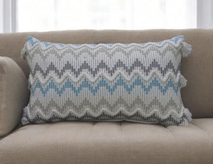 Homeroots 14" X 24" White Gray And Blue Chevron Cotton Lumbar Throw Pillow With Tassels And Texture   482230
