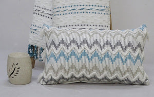 Homeroots 14" X 24" White Gray And Blue Chevron Cotton Lumbar Throw Pillow With Tassels And Texture   482230