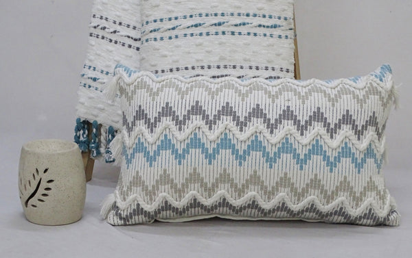 Homeroots 14" X 24" White Gray And Blue Chevron Cotton Lumbar Throw Pillow With Tassels And Texture   482230