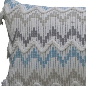 Homeroots 14" X 24" White Gray And Blue Chevron Cotton Lumbar Throw Pillow With Tassels And Texture   482230