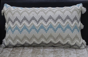 Homeroots 14" X 24" White Gray And Blue Chevron Cotton Lumbar Throw Pillow With Tassels And Texture   482230