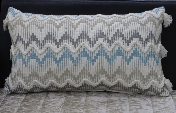 Homeroots 14" X 24" White Gray And Blue Chevron Cotton Lumbar Throw Pillow With Tassels And Texture   482230