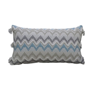 Homeroots 14" X 24" White Gray And Blue Chevron Cotton Lumbar Throw Pillow With Tassels And Texture   482230