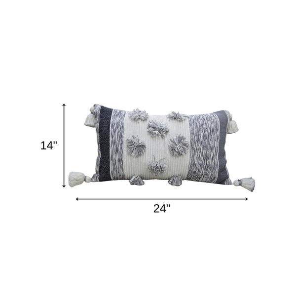 Homeroots 14" X 24" White And Gray Striped Cotton Blend Lumbar Throw Pillow With Pom-poms And Tassels   482231