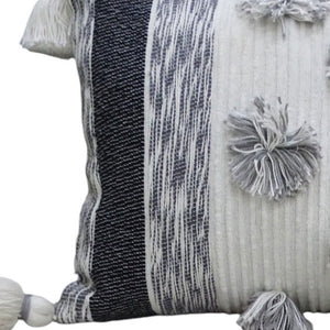 Homeroots 14" X 24" White And Gray Striped Cotton Blend Lumbar Throw Pillow With Pom-poms And Tassels   482231