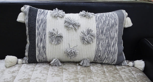 Homeroots 14" X 24" White And Gray Striped Cotton Blend Lumbar Throw Pillow With Pom-poms And Tassels   482231