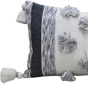 Homeroots 14" X 24" White And Gray Striped Cotton Blend Lumbar Throw Pillow With Pom-poms And Tassels   482231