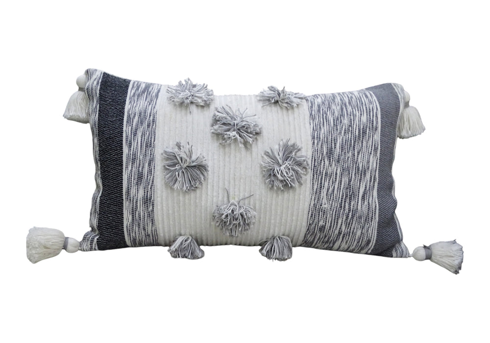 Homeroots 14" X 24" White And Gray Striped Cotton Blend Lumbar Throw Pillow With Pom-poms And Tassels   482231