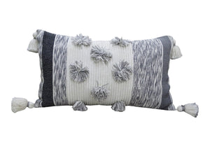 Homeroots 14" X 24" White And Gray Striped Cotton Blend Lumbar Throw Pillow With Pom-poms And Tassels   482231