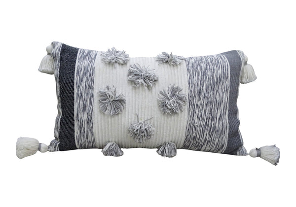 Homeroots 14" X 24" White And Gray Striped Cotton Blend Lumbar Throw Pillow With Pom-poms And Tassels   482231