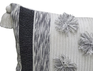 Homeroots 14" X 24" White And Gray Striped Cotton Blend Lumbar Throw Pillow With Pom-poms And Tassels   482231