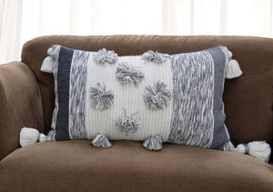Homeroots 14" X 24" White And Gray Striped Cotton Blend Lumbar Throw Pillow With Pom-poms And Tassels   482231