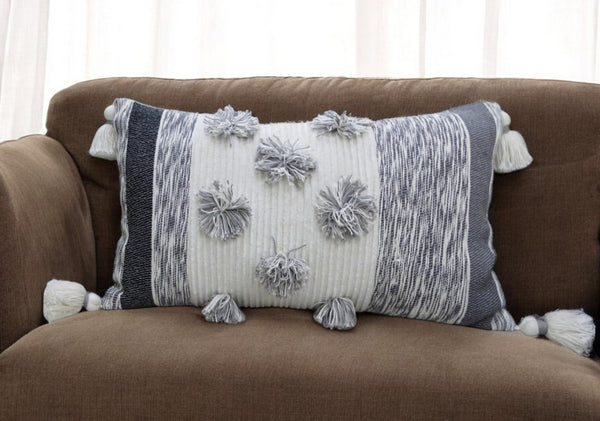 Homeroots 14" X 24" White And Gray Striped Cotton Blend Lumbar Throw Pillow With Pom-poms And Tassels   482231