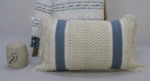 Homeroots 14" X 24" Cream And Light Blue Handmade Nubby Texture Throw Pillow With Fringe   482232