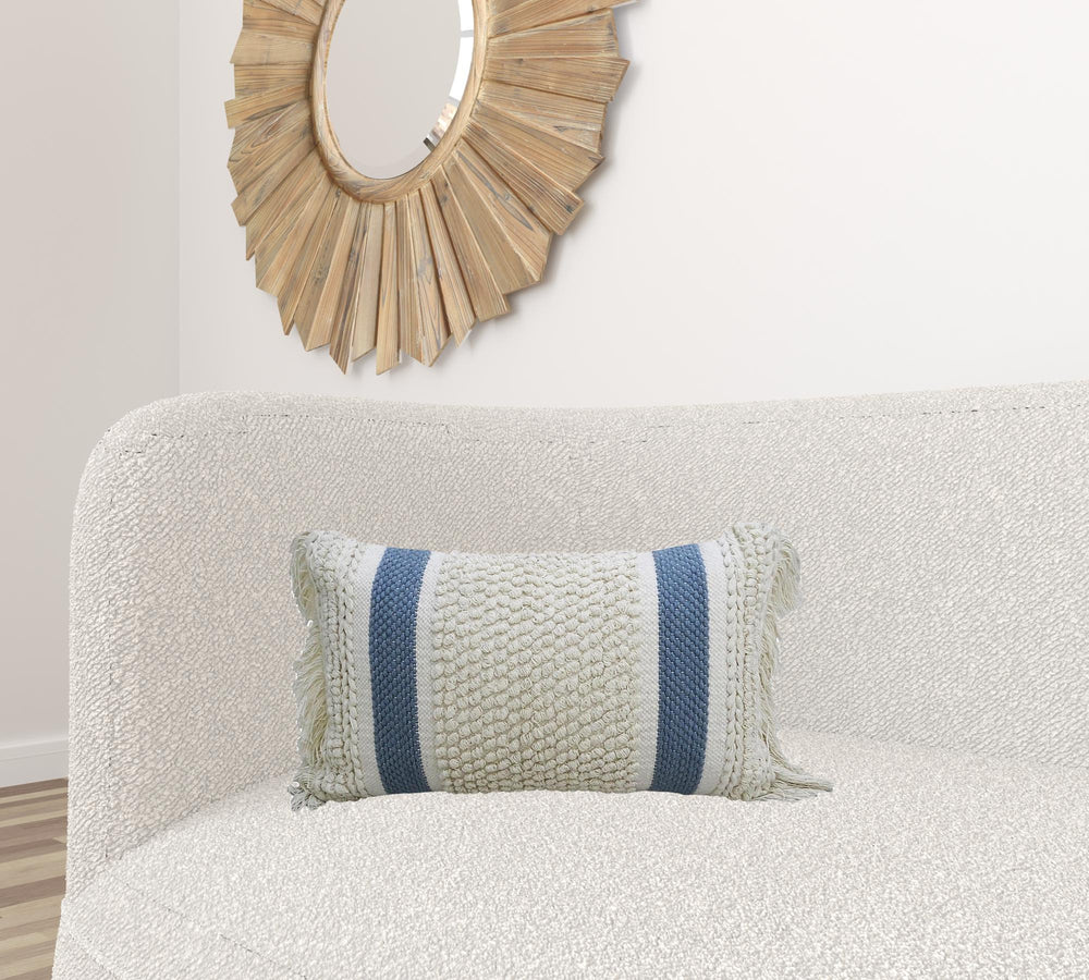 Homeroots 14" X 24" Cream And Light Blue Handmade Nubby Texture Throw Pillow With Fringe   482232