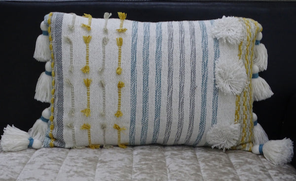 Homeroots 14" X 20" Blue And Yellow Striped Cotton Blend Zippered Pillow With Tassels   482233