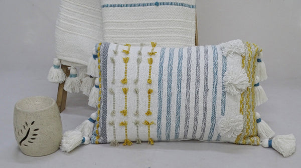 Homeroots 14" X 20" Blue And Yellow Striped Cotton Blend Zippered Pillow With Tassels   482233