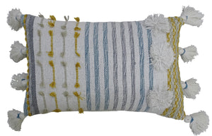 Homeroots 14" X 20" Blue And Yellow Striped Cotton Blend Zippered Pillow With Tassels   482233