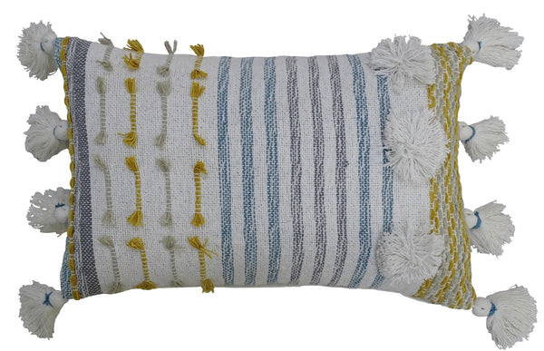 Homeroots 14" X 20" Blue And Yellow Striped Cotton Blend Zippered Pillow With Tassels   482233