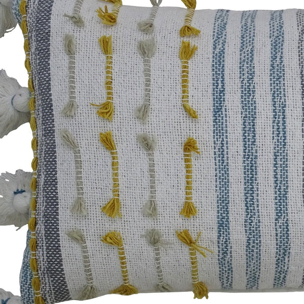 Homeroots 14" X 20" Blue And Yellow Striped Cotton Blend Zippered Pillow With Tassels   482233