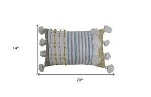 Homeroots 14" X 20" Blue And Yellow Striped Cotton Blend Zippered Pillow With Tassels   482233