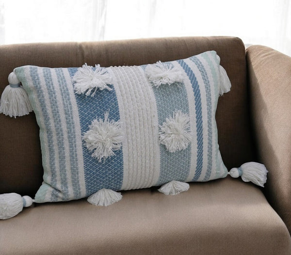 Homeroots 14" X 20" Cream And Blue Striped Cotton Blend Lumbar Throw Pillow With Pom-poms And Tassels   482234
