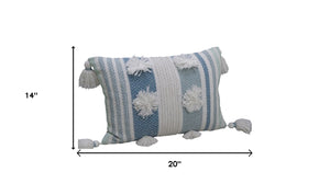 Homeroots 14" X 20" Cream And Blue Striped Cotton Blend Lumbar Throw Pillow With Pom-poms And Tassels   482234